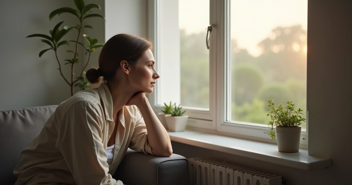 Persona sentada junto a una ventana reflexionando con mirada serena 