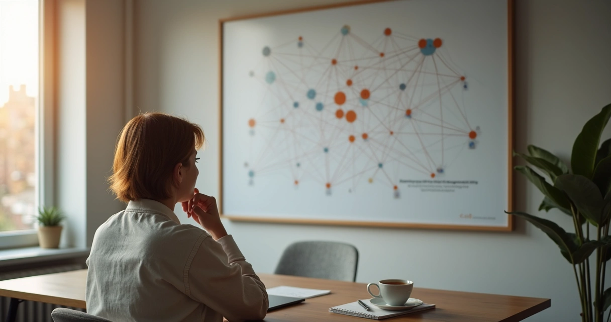 Persona reflexionando frente a un mural de conexiones y patrones relacionales 