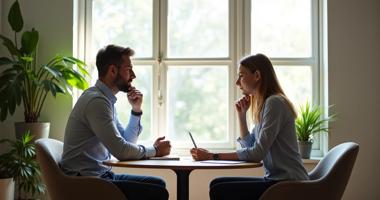 Persona sentada frente a coach, ambos en actitud reflexiva dentro de una oficina clara 