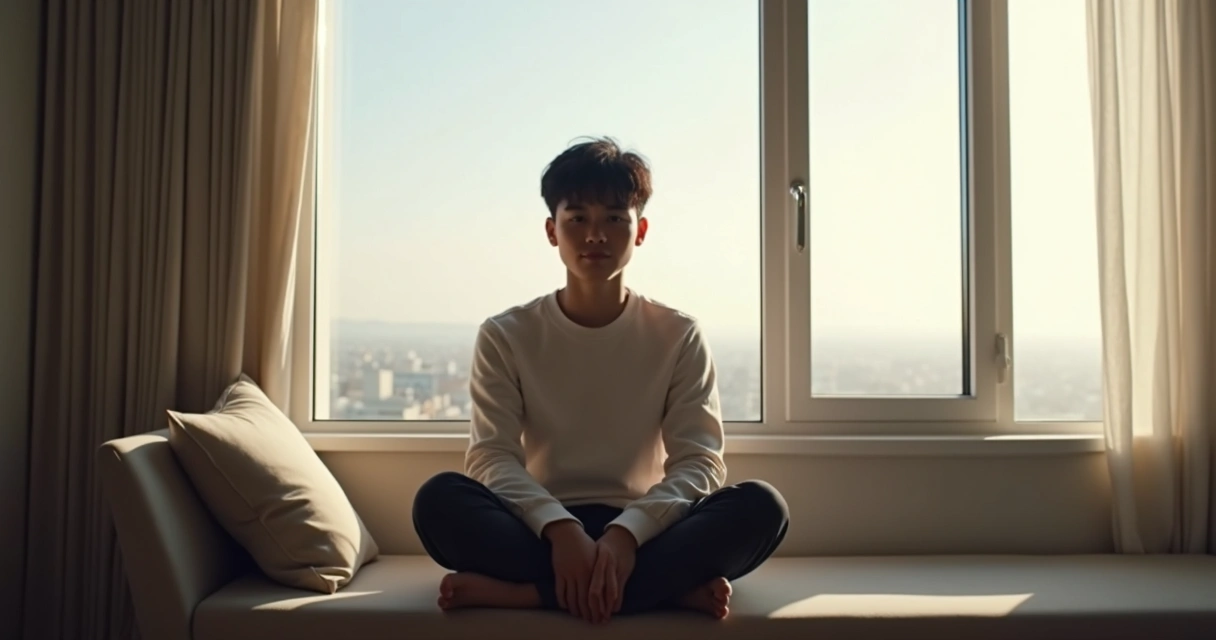 Persona reflexionando sentada junto a una ventana sin teléfono 