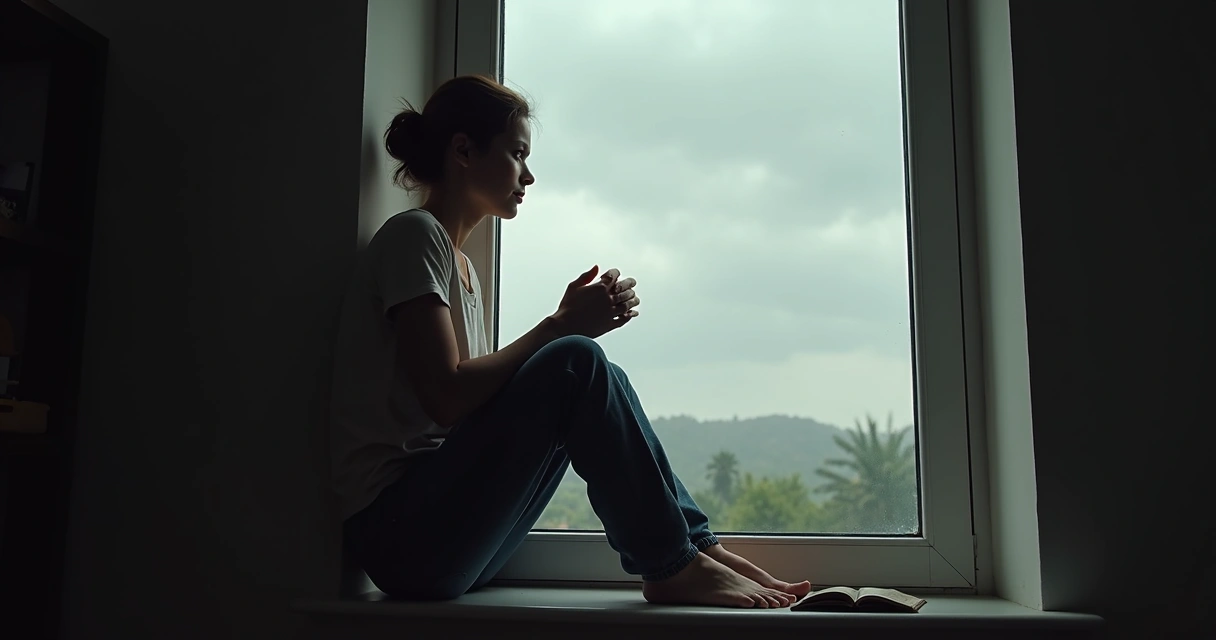 Persona pensativa mirando por la ventana 