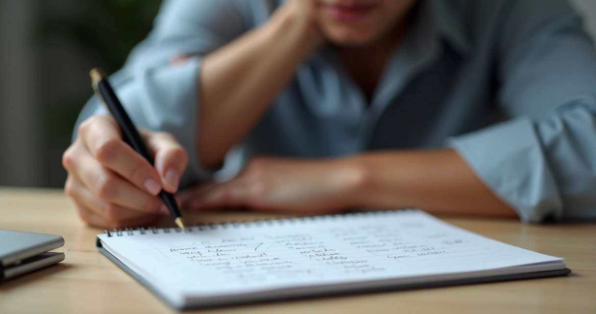Persona sentada reflexionando frente a una lista de tareas en una libreta. 