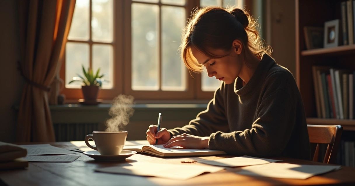 Persona escribiendo en un cuaderno mientras reflexiona junto a una taza de café 