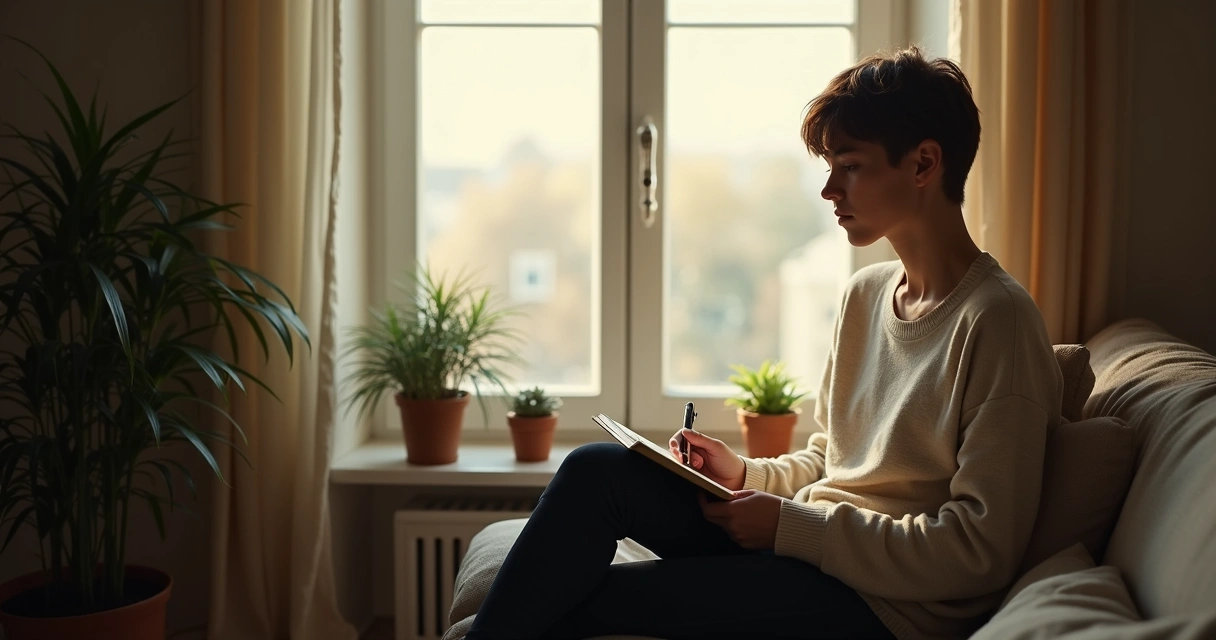 Persona sentada junto a una ventana con libreta en mano, reflexionando 