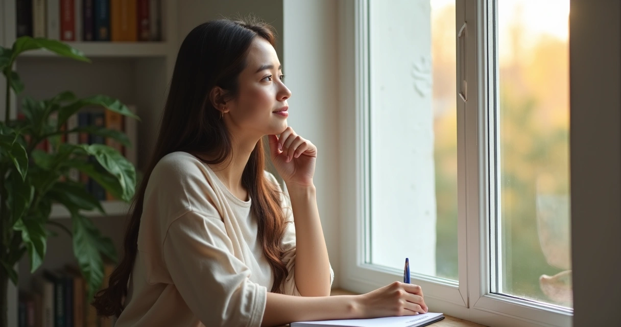 Persona mirando por una ventana con gesto pensativo