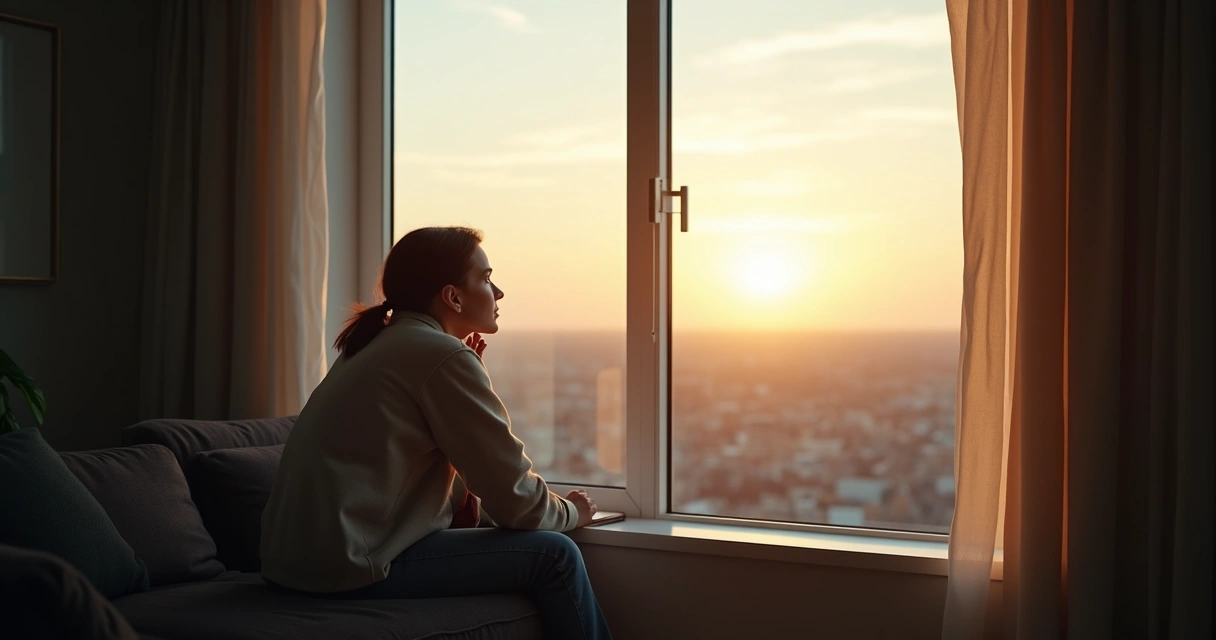 Persona sentada junto a una ventana mirando al horizonte 