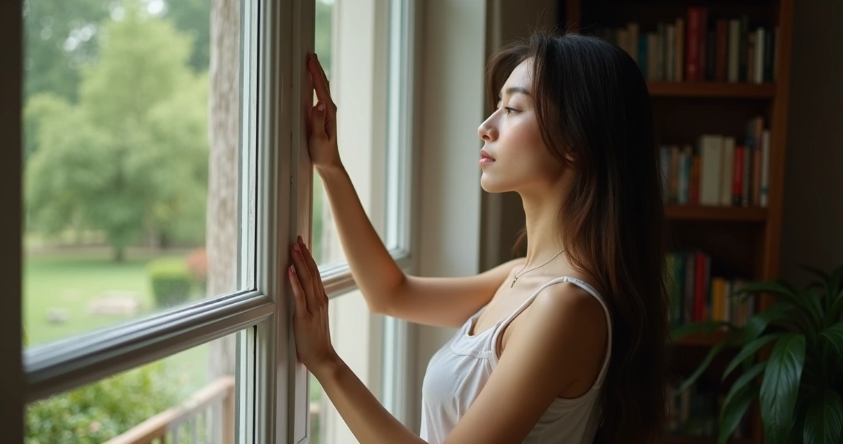 Persona mirando por una ventana en actitud reflexiva y tranquila