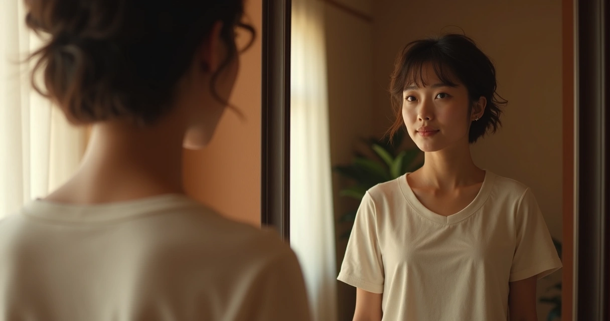 Persona de pie frente a un espejo en actitud reflexiva 