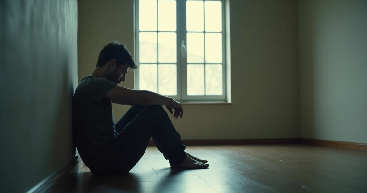 Persona sentada sola en una habitación iluminada por luz suave 