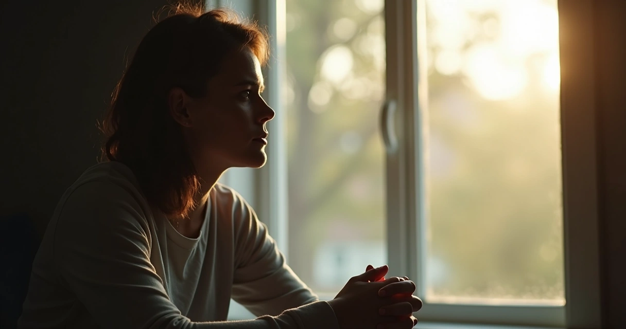 Persona reflexionando apoyada en una ventana con luz natural 
