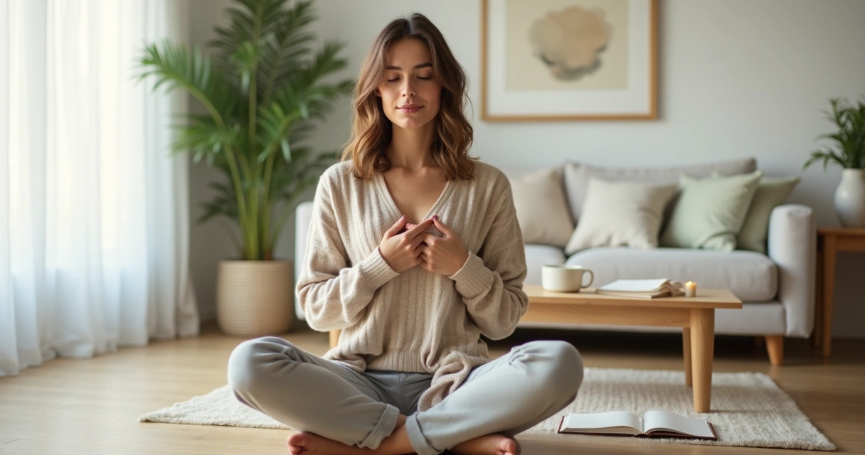 Mujer sentada en el suelo practicando autovaloración y gestión del estrés con cuaderno de reflexión 