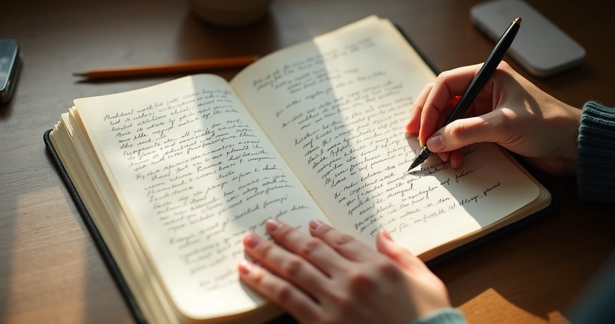 Manos pasando páginas de un cuaderno con notas personales
