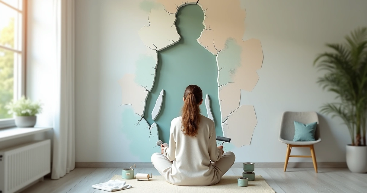 Persona pintando de colores suaves una grieta interna en forma de silueta humana 