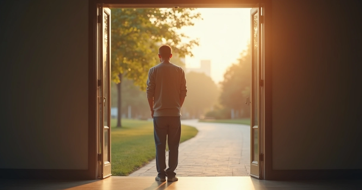 Persona pensativa frente a una puerta luminosa repensando sus límites personales 