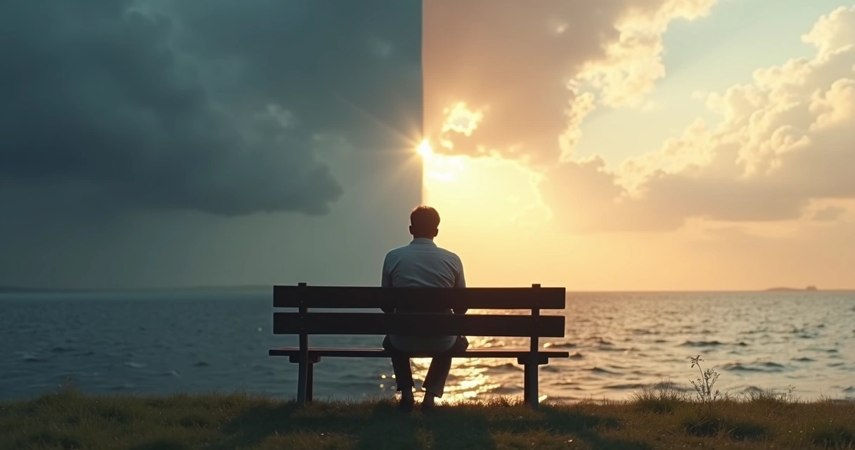 Persona pensativa soltando resentimiento frente a un paisaje dividido entre tormenta y calma 