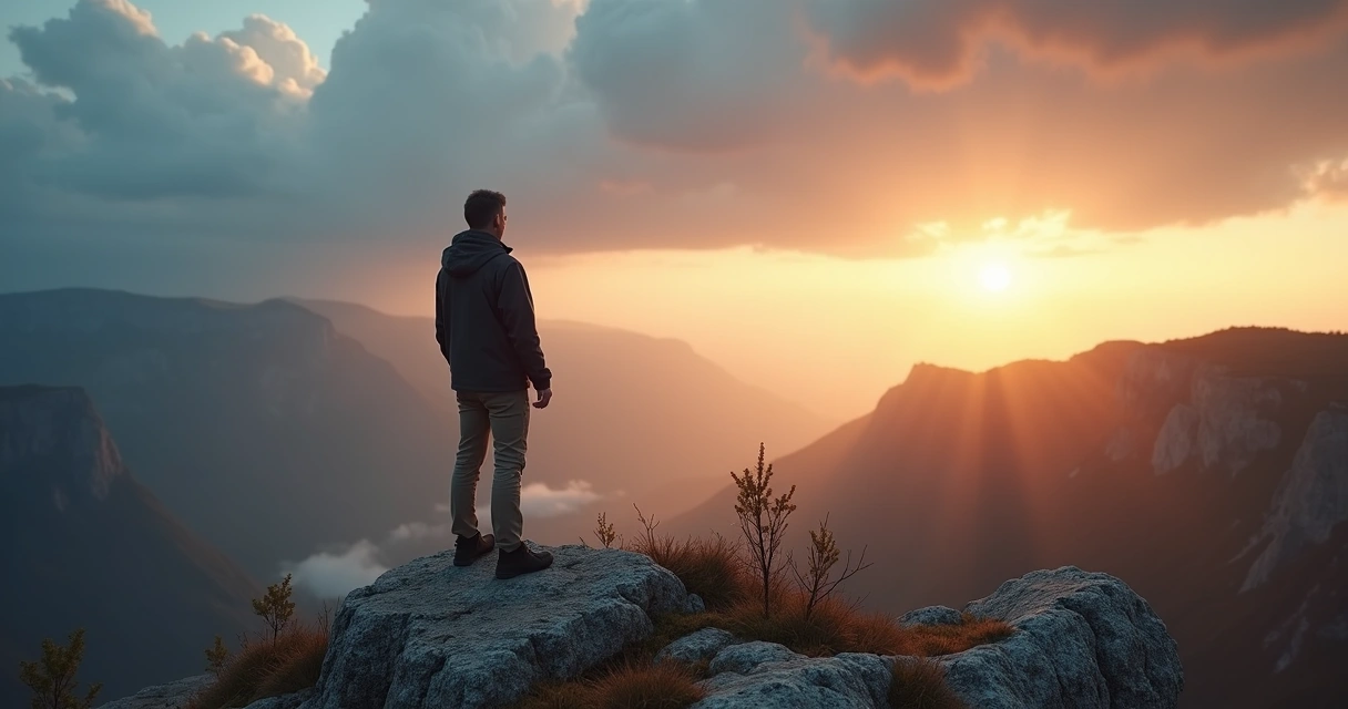 Persona sola de pie en una cima de montaña al amanecer con luz suave en el horizonte 