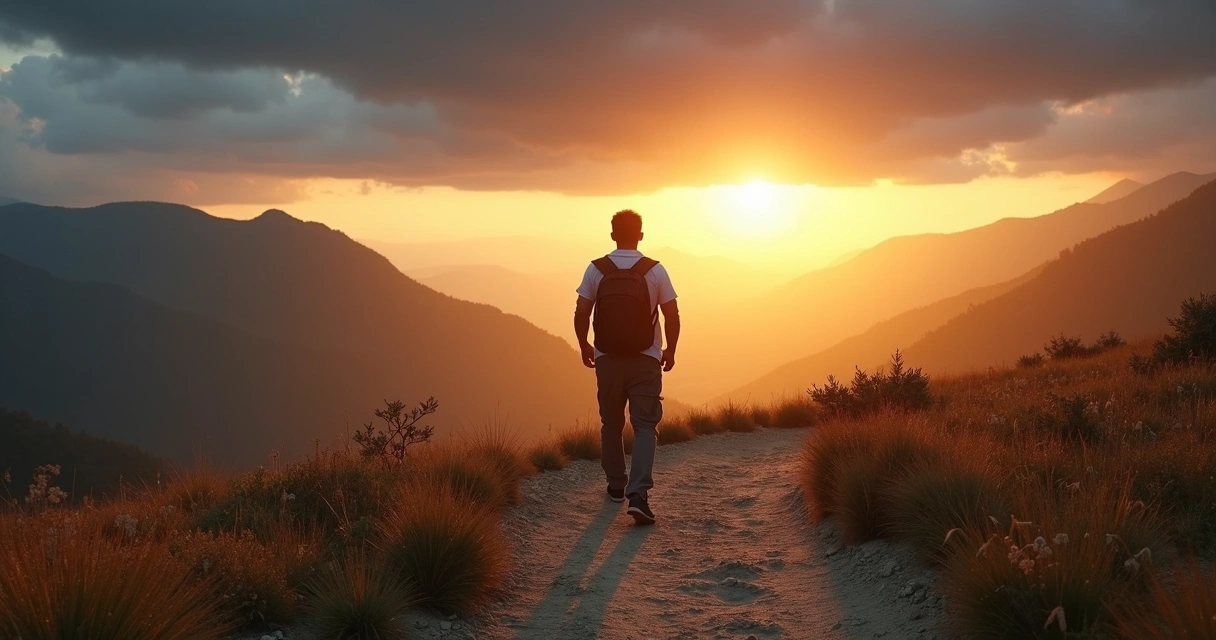 Persona caminando sola por un sendero de montaña al amanecer 