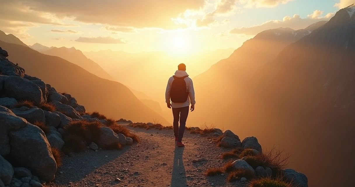 Persona caminando con seguridad hacia la cima de una montaña entre nubes 