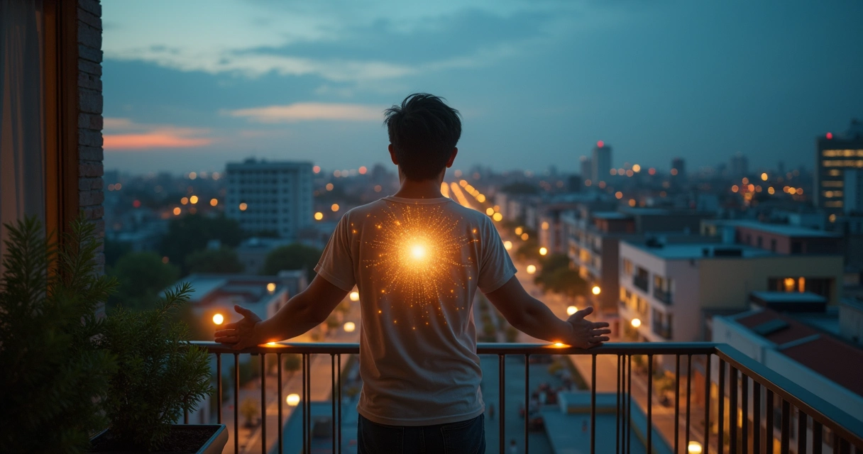 Persona en un balcón proyecta red de luz sobre una ciudad al atardecer 