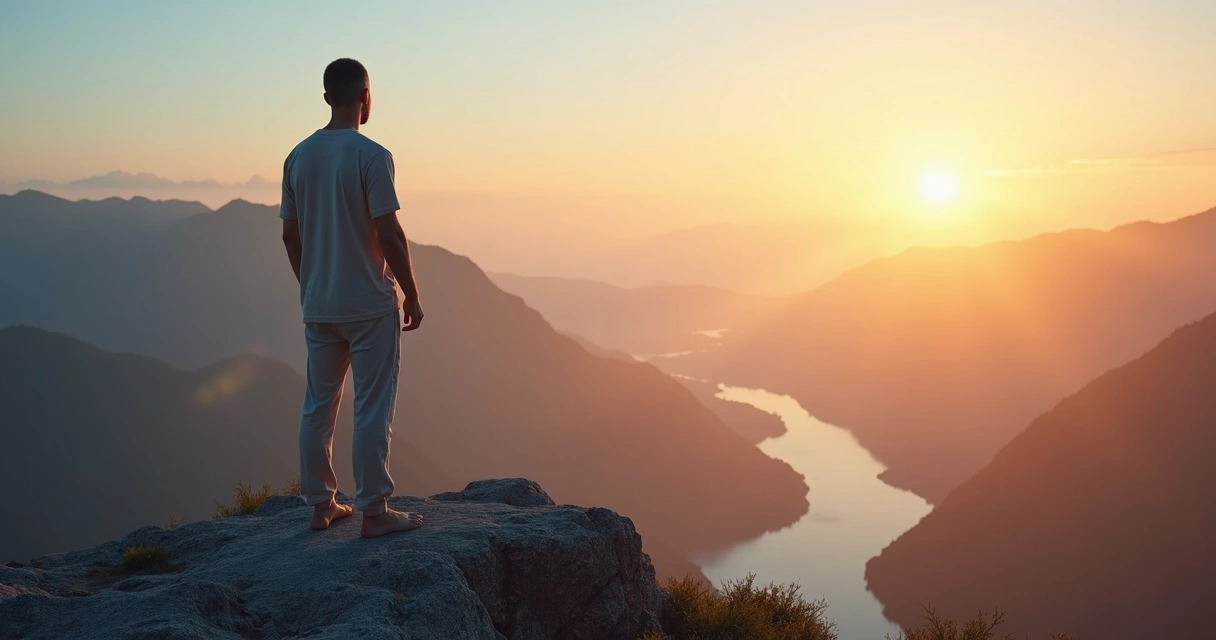 Persona meditando de pie en la cima de una montaña al amanecer 