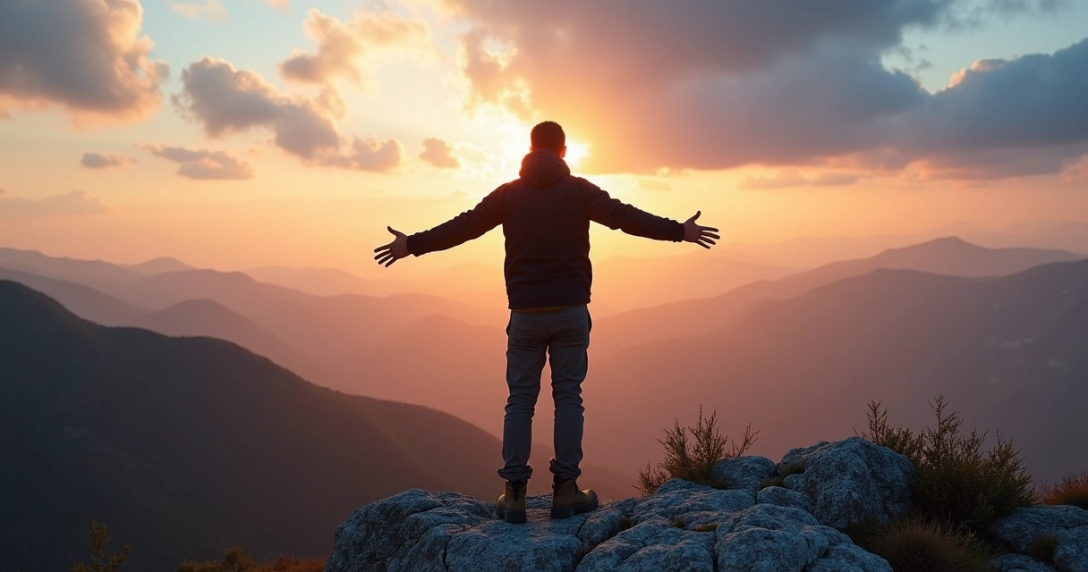Persona de pie en la cima de una montaña al atardecer mirando un nuevo horizonte 