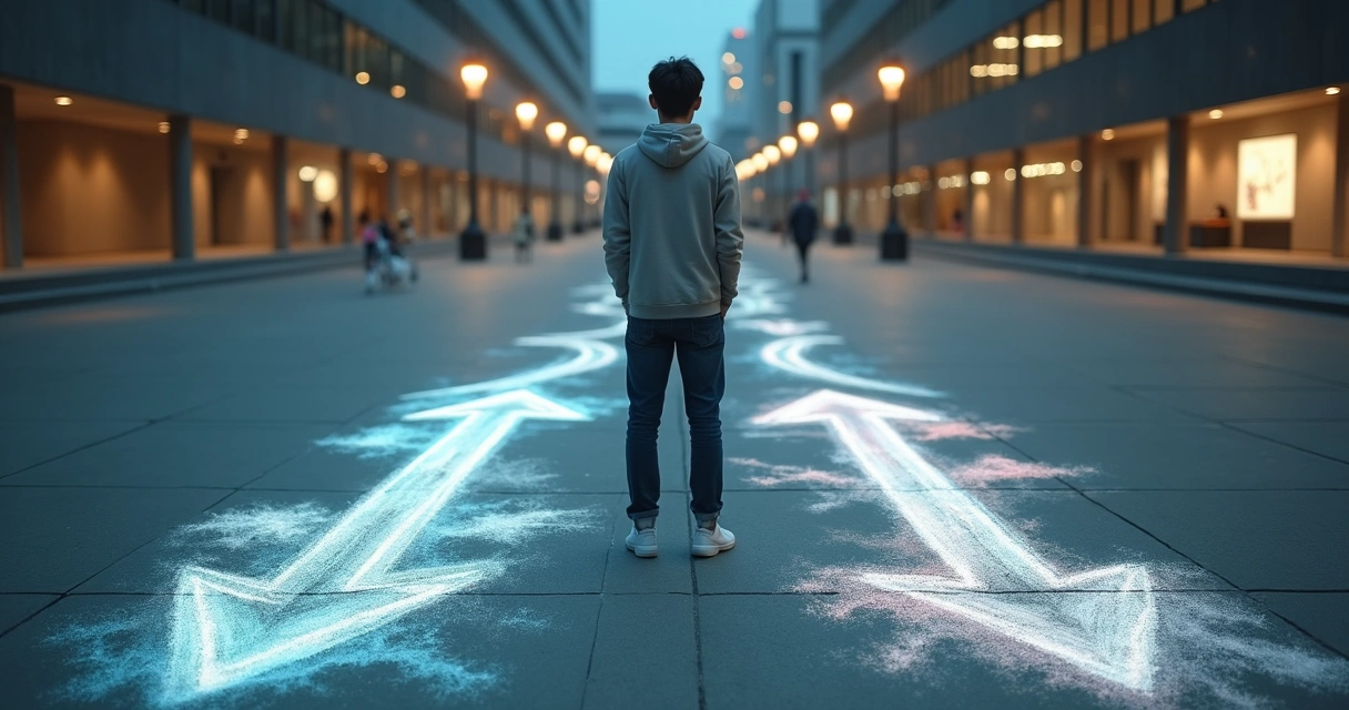 Persona observando un cruce de caminos marcado en el piso 