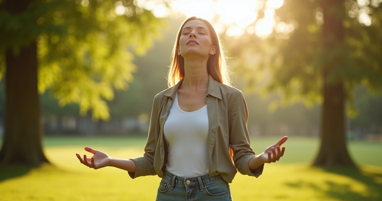 Persona respirando profundamente en un parque al aire libre 