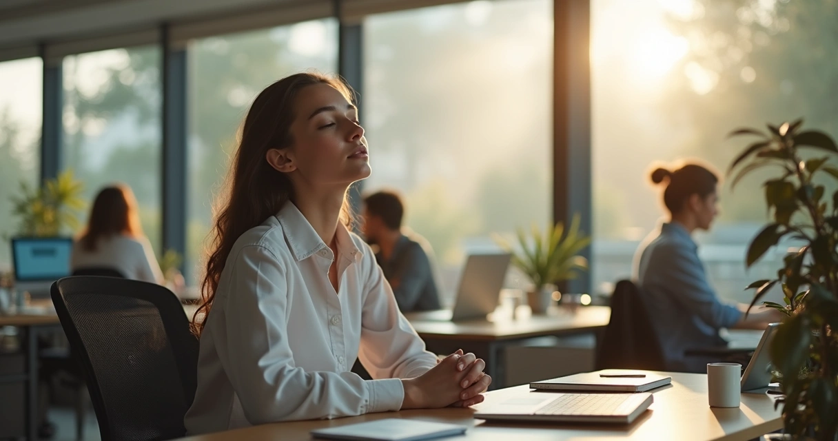 Mujer joven sentada en su escritorio con ojos cerrados, practicando respiración consciente 