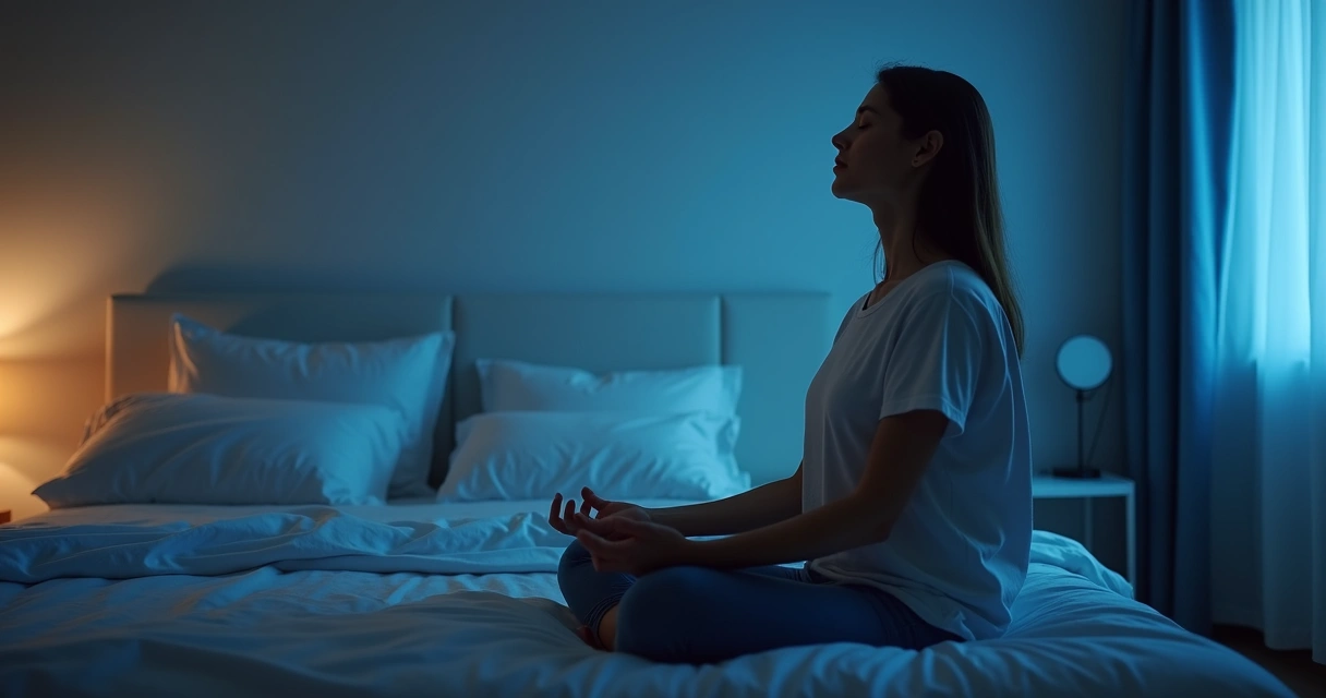 Persona sentada en la cama haciendo respiración suave por la noche 