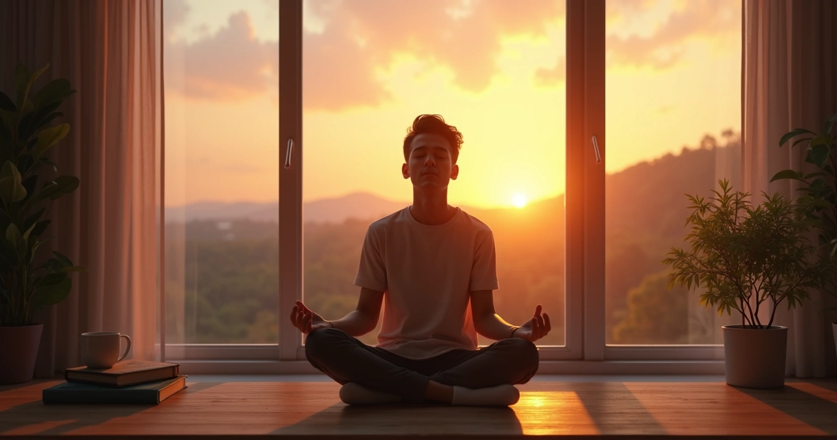 Persona sentada practicando respiración consciente al amanecer 