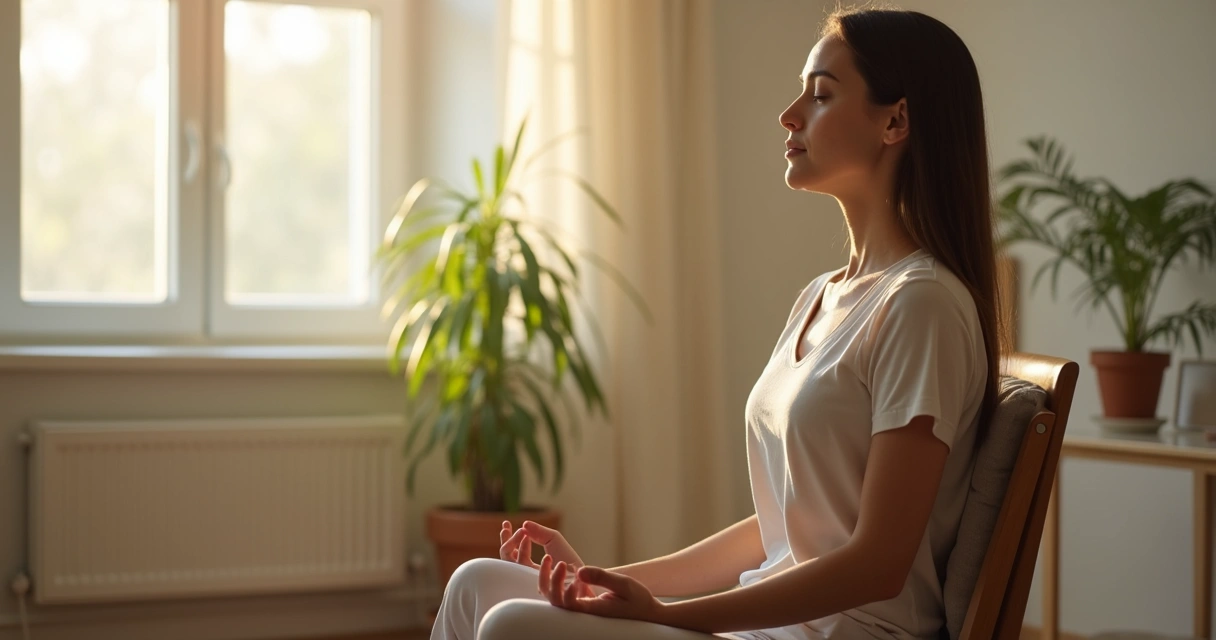 Persona sentada respirando con calma en una habitación luminosa