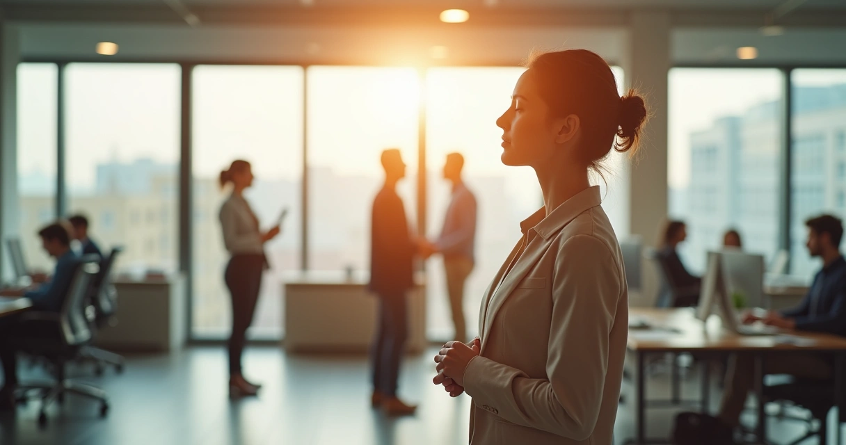 Persona respirando hondo en su lugar de trabajo, con fondos borrosos de una oficina 