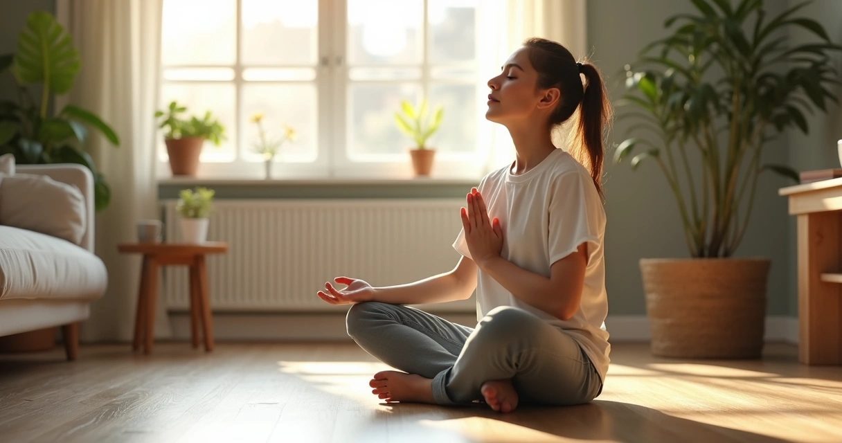 Persona sentada respirando hondo con los ojos cerrados en una sala iluminada