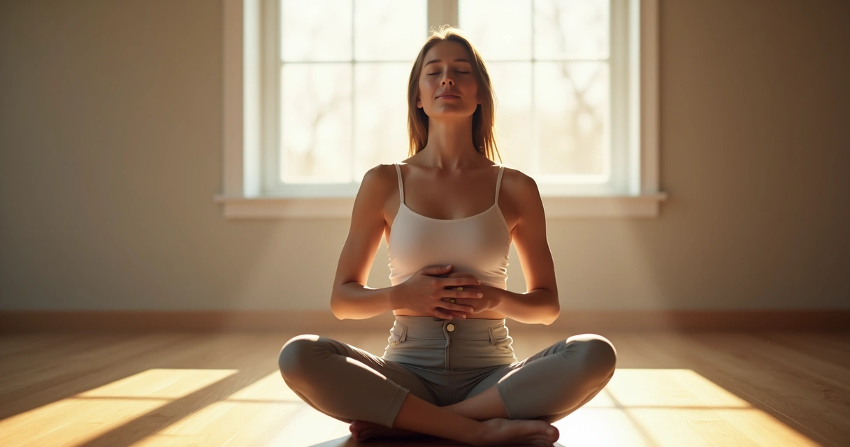 Persona sentada con luz suave, enfocada en su respiración