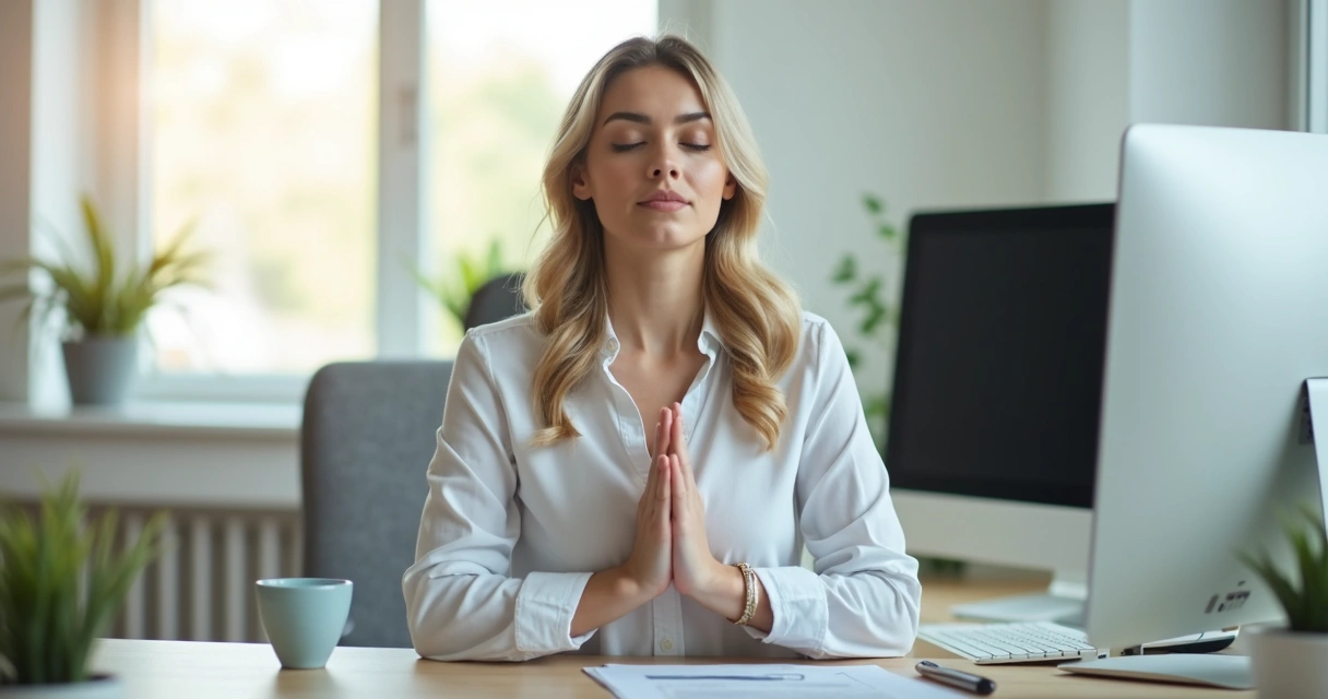 Persona sentada en oficina practicando respiración consciente 