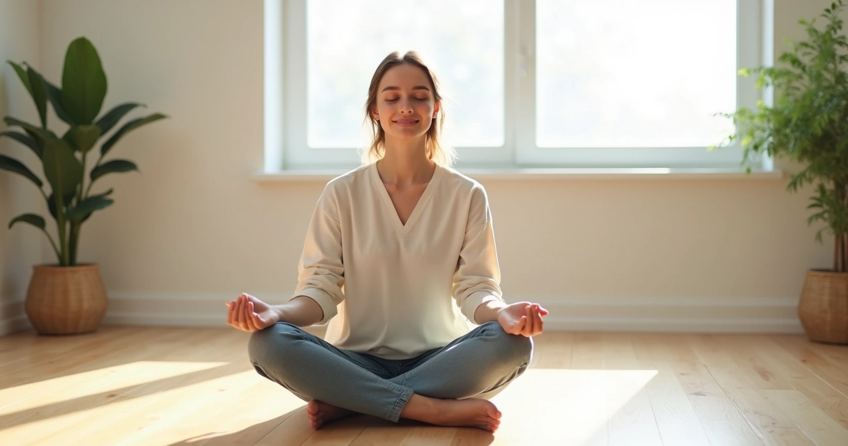 Persona sentada con los ojos cerrados practicando respiración consciente 