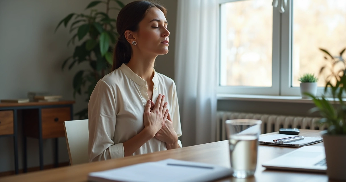 Persona sentada haciendo una pausa consciente en un escritorio 