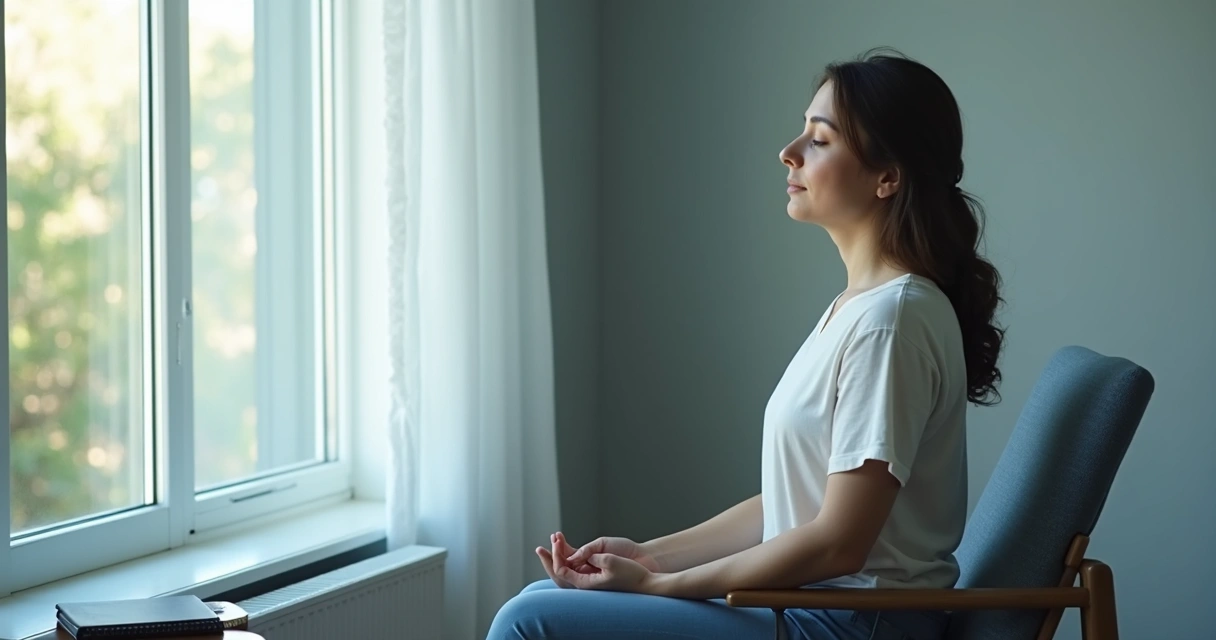 Persona sentada haciendo pausa consciente junto a ventana