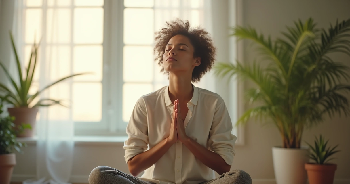 Persona respirando profundamente en un ambiente tranquilo.