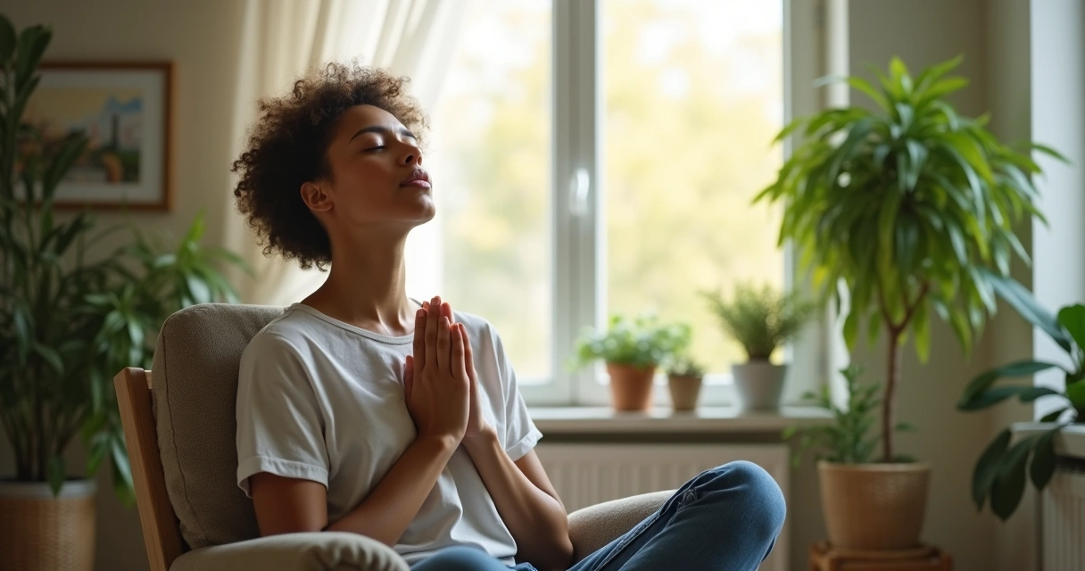 Persona respirando profundamente con ojos cerrados 