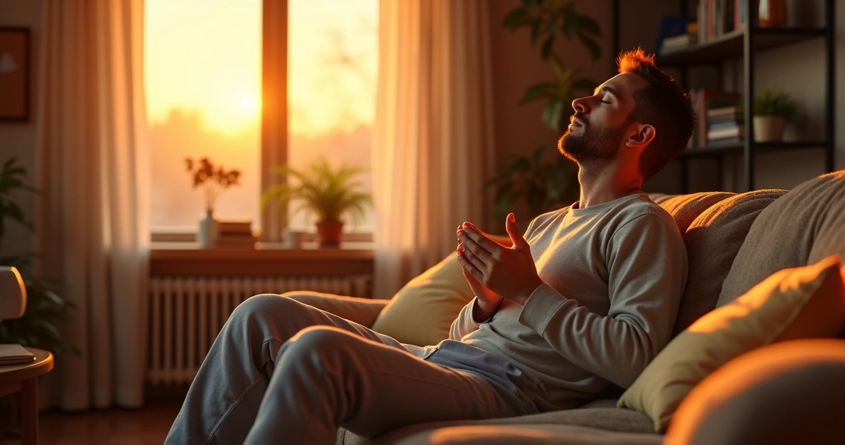 Hombre sentado respirando profundamente en casa al atardecer 