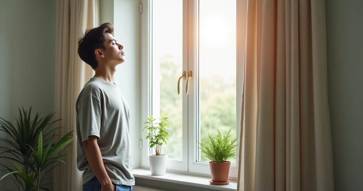 Persona de perfil respirando profundamente junto a una ventana 
