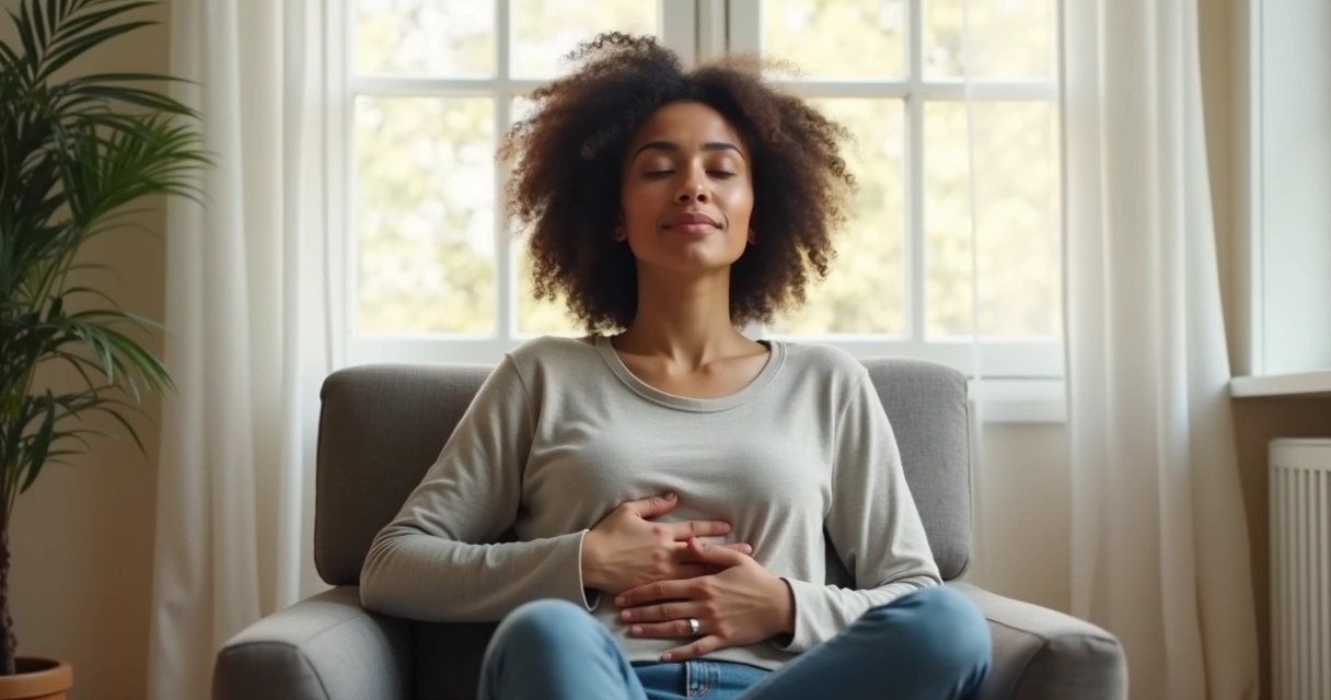 Persona sentada con los ojos cerrados, respirando profundamente, manos sobre el abdomen. 