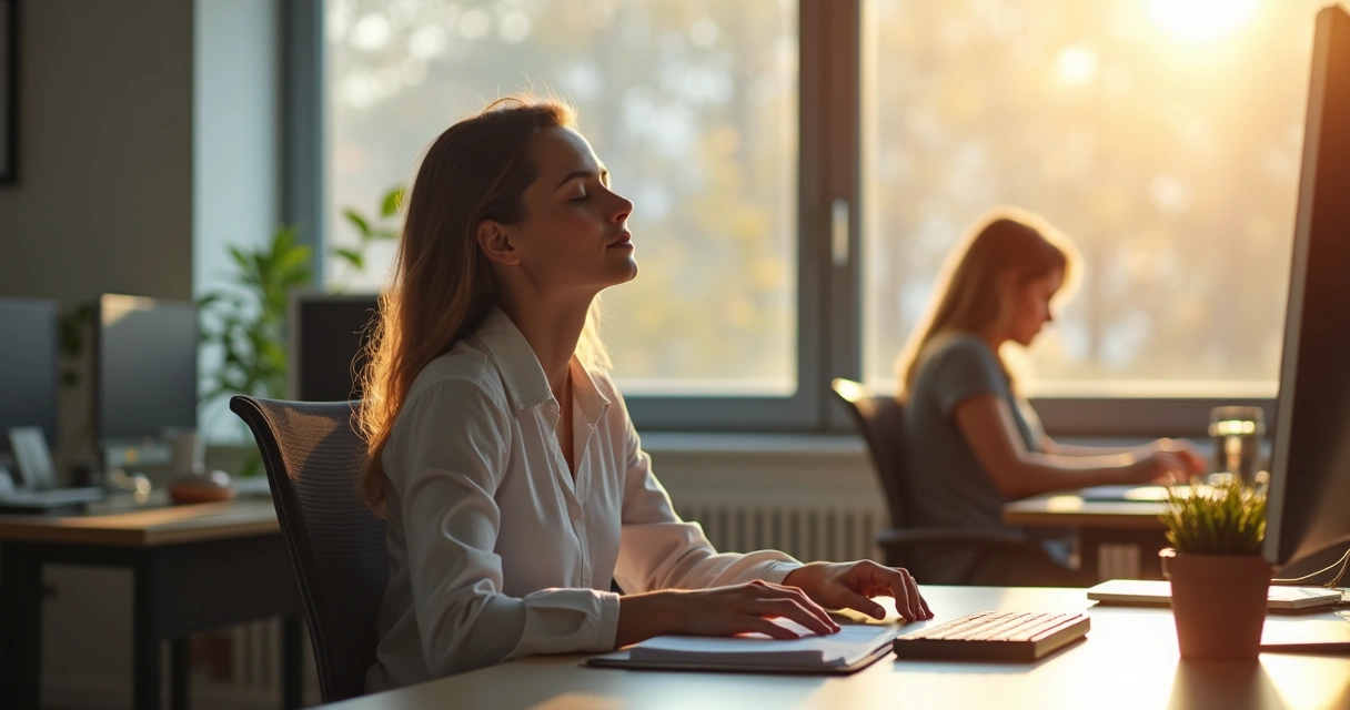 Trabajador realizando respiración consciente en su escritorio 