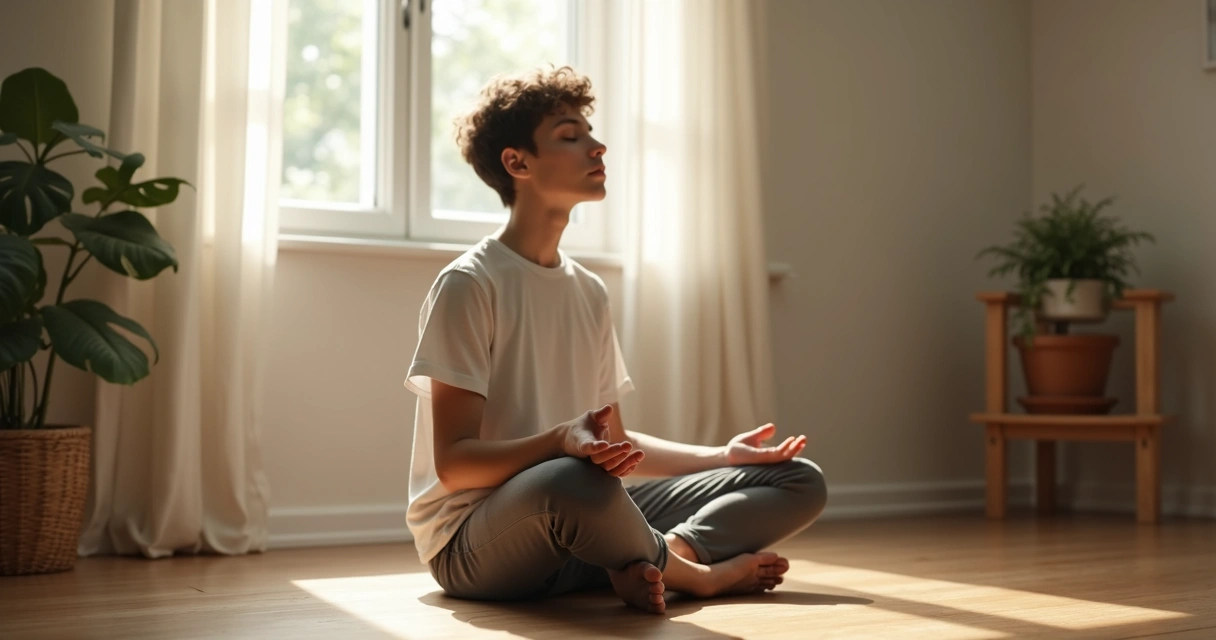Persona practicando respiración consciente sentado en el suelo 