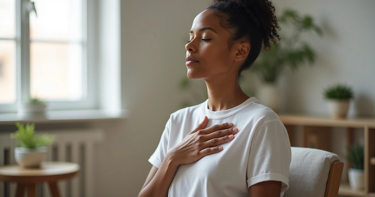 Persona con los ojos cerrados realizando técnica de respiración consciente 