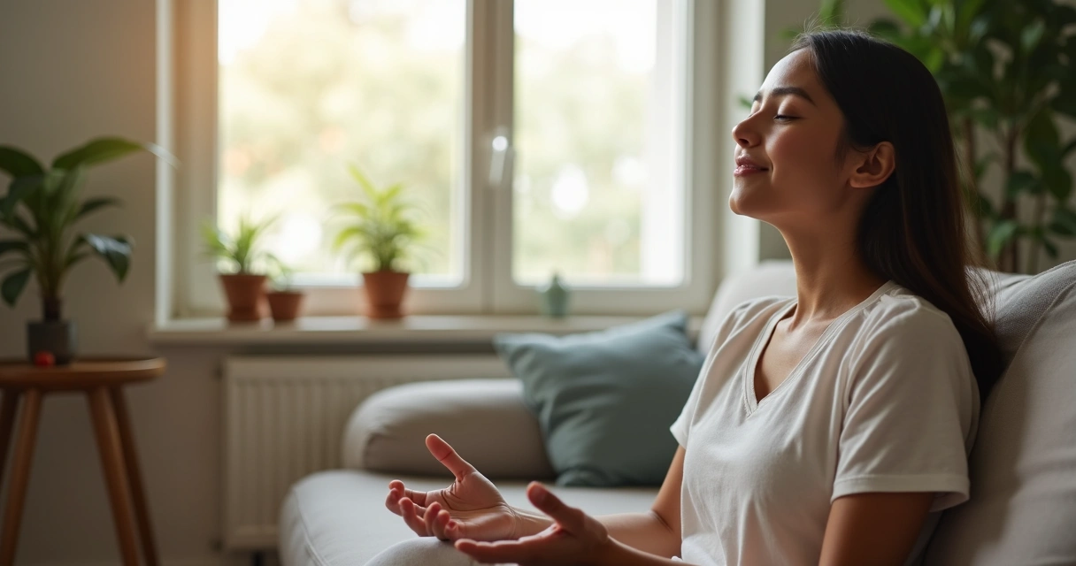 Persona sentada con postura relajada y respirando profundamente en un entorno tranquilo. 