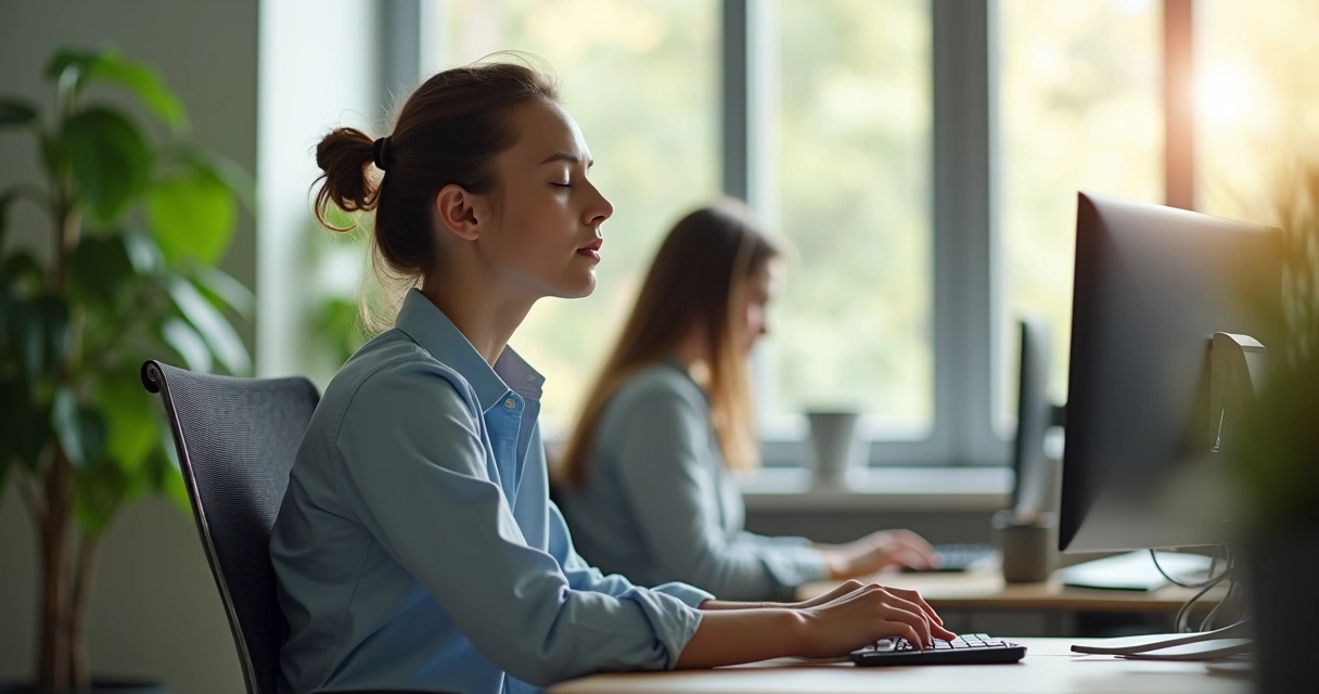 Persona respirando profundamente en una oficina moderna, transmitiendo calma 