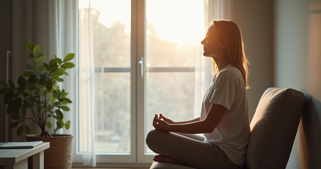 Persona sentada junto a una ventana respirando con calma en un espacio sencillo