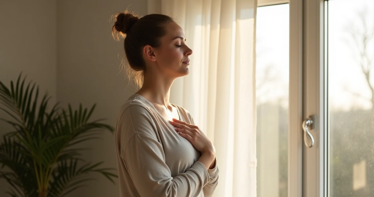 Persona respirando frente a una ventana con luz suave